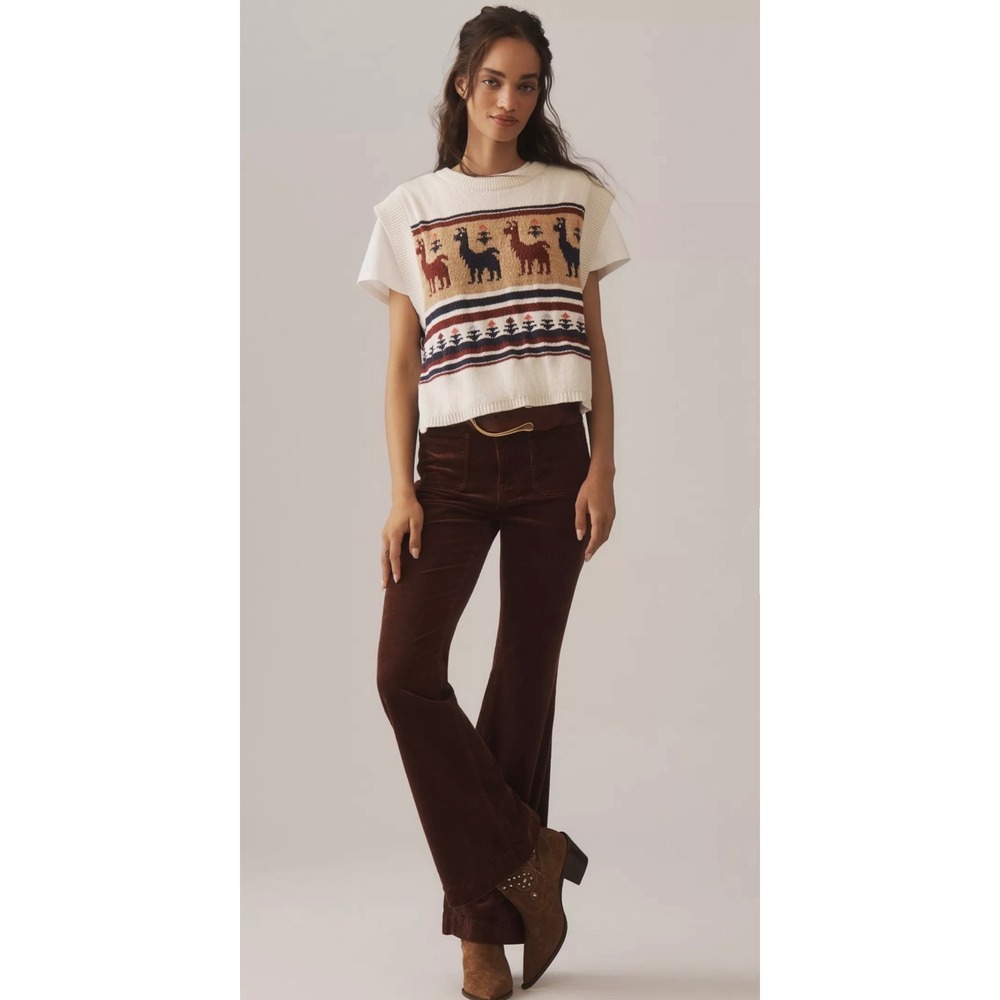 Pilcro Anthropologie Twofer Graphic Sweater Llama Cream Navy Side Buckle Large